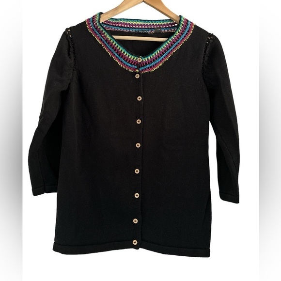 Babette Ballinger Black Button Front Cardigan Sweater with Rainbow Crochet Trim - Picture 1 of 9